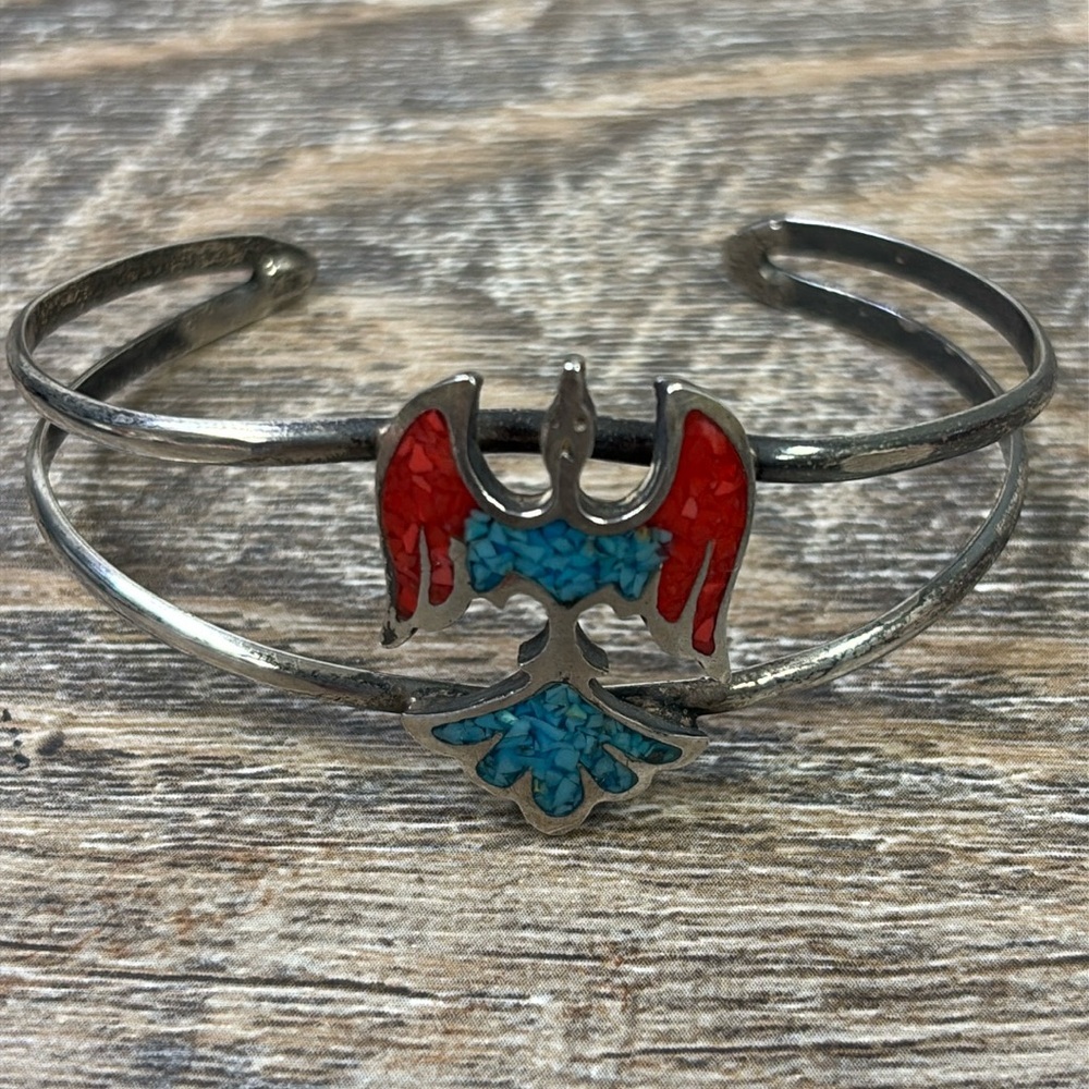 Native American Navajo Sterling Silver Bird Turquoise & Coral Inlayed Cuff